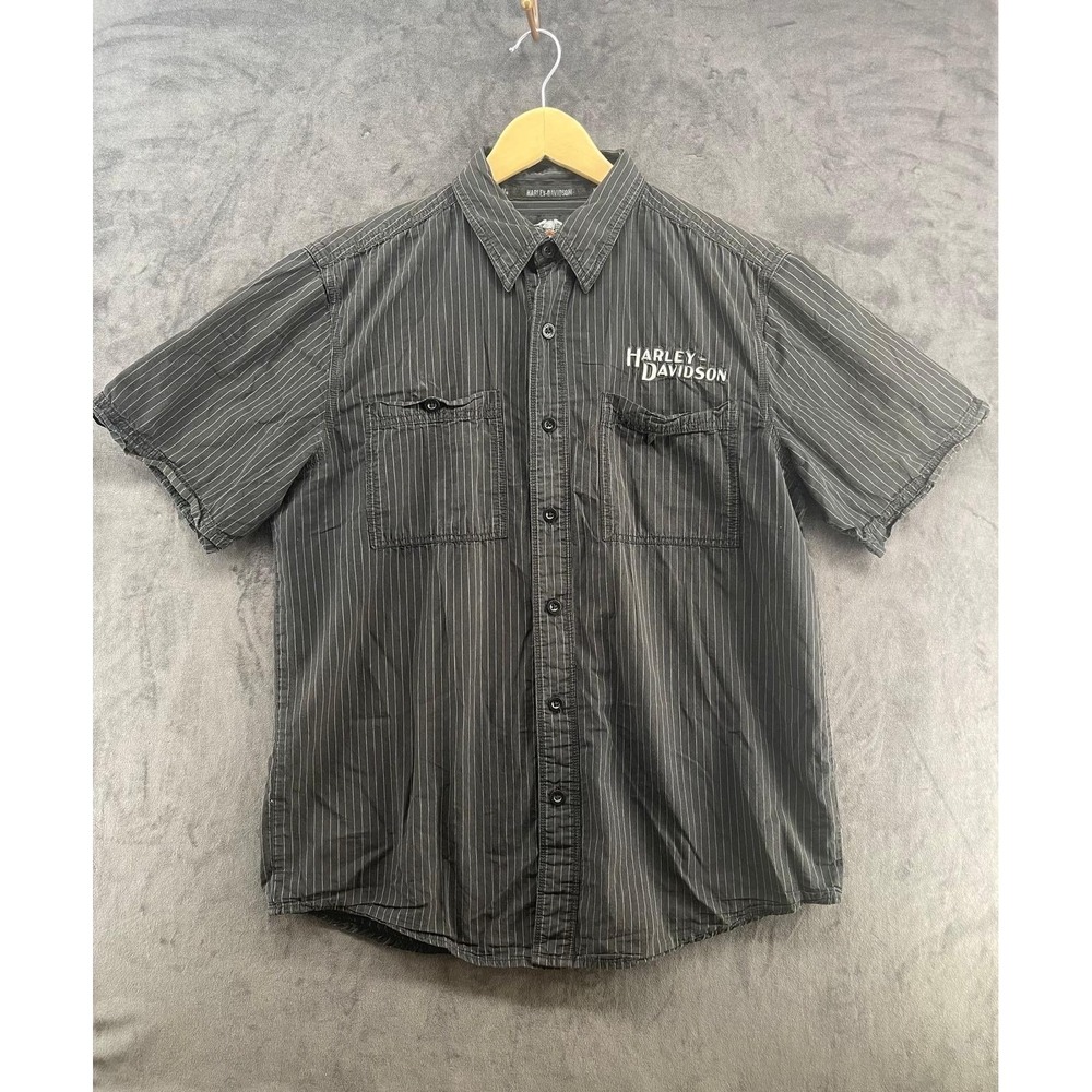 Harley Davidson Mens Medium Black Pinstripe Short Sleeve Button Up Shirt Logo